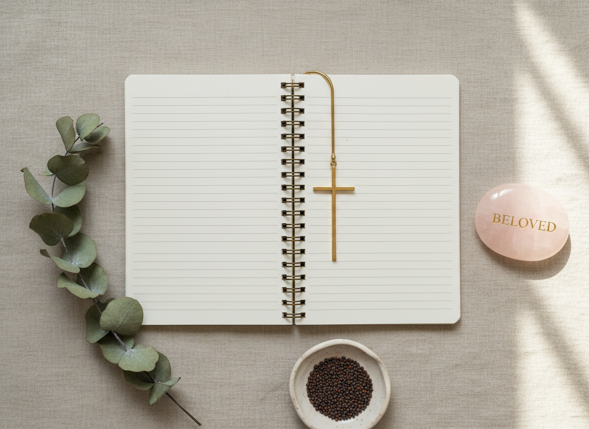 An overhead photographic view of a flatlay arrangement on a pale linen cloth: an open spiral-bound journal with neatly lined, blank pages; a slim gold cross bookmark resting across the center; dried eucalyptus stems arranged in a gentle curve; and a smooth, pale pink stone engraved with the word “beloved.” A ceramic dish holds a few tiny mustard seeds, sharply in focus, symbolizing faith in the midst of fear. Soft, indirect natural light from the right creates delicate shadows and highlights the textures of paper, metal, and foliage. The composition is carefully balanced and minimalist, evoking a gentle, faith-filled atmosphere perfect for themes of anxiety journaling, prayer, and emotional healing.