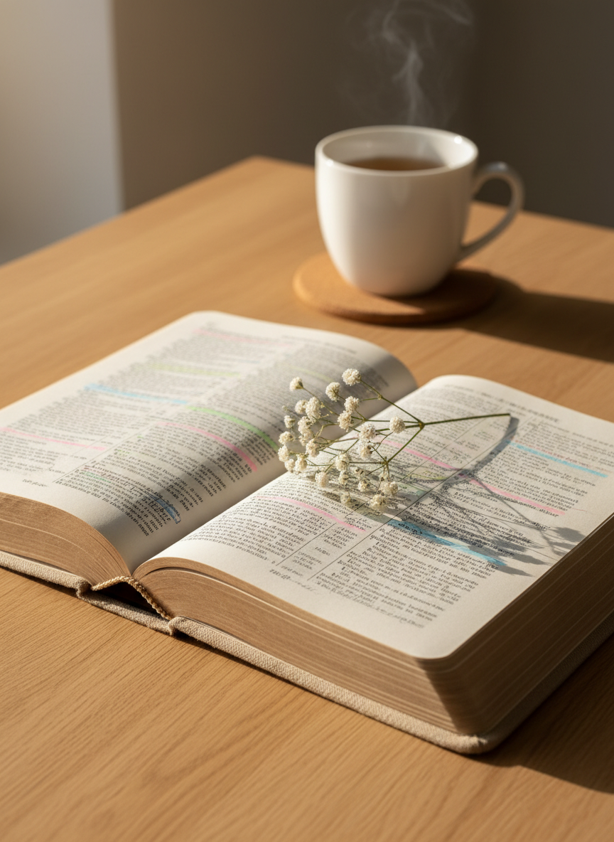 A well-worn, linen-covered Bible lies open on a pale oak table, its thin, slightly curled pages highlighted with soft pastel markings and tiny handwritten notes in the margins. A delicate sprig of baby’s breath rests across the center fold, symbolizing gentle healing. In the background, a simple white ceramic mug of herbal tea sits on a cork coaster, softly blurred. Late afternoon natural light pours in from an unseen window to the left, casting calm, elongated shadows and a warm glow across the scene. Photographic realism, eye-level composition with shallow depth of field, creating a serene, hope-filled atmosphere that evokes quiet time with God in the midst of anxiety and recovery.