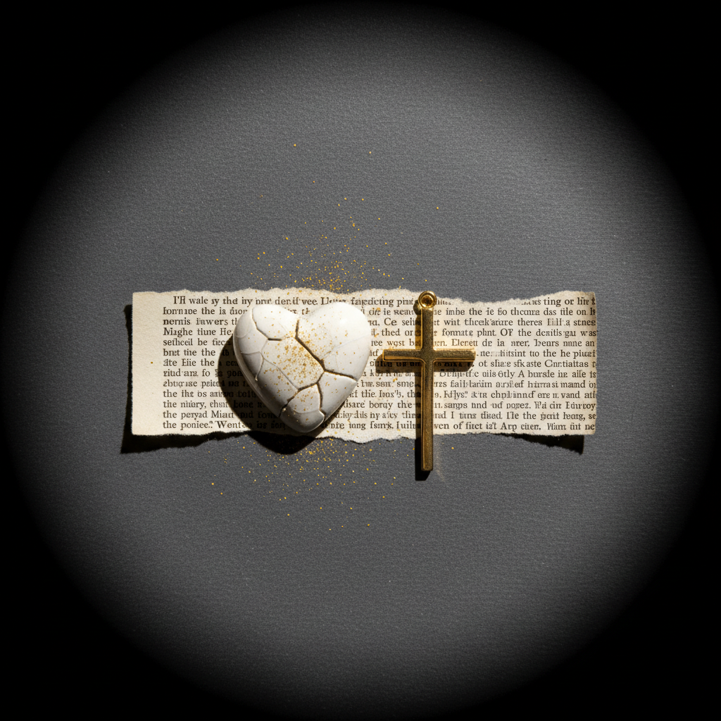 A textured, slate-gray background sets the stage for a small arrangement: a slightly cracked, white ceramic heart lying beside a gleaming, gold-toned metal cross pendant, both resting on a torn strip of parchment printed with tiny Scripture text. Fine golden dust seems to lightly scatter across the surface, catching the light. A single, soft beam of warm, directional light from the upper left illuminates the cross and the broken heart, leaving the edges of the frame in gentle shadow. Photographic realism, dramatic side lighting with a cinematic feel, shot from directly above. The atmosphere is contemplative yet hopeful, symbolizing trauma, brokenness, and Christ’s healing presence.